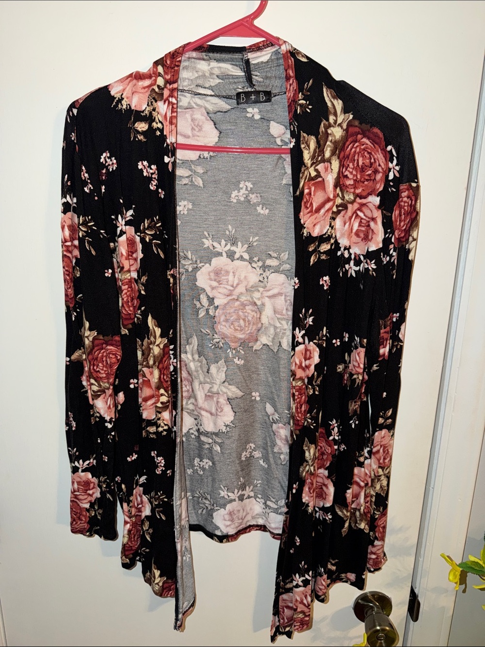 Black Floral Open-Front Cardigan with Rose Print